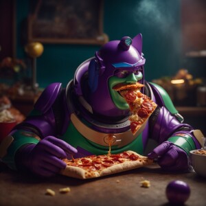 Buzz lightyear high eating a pizza