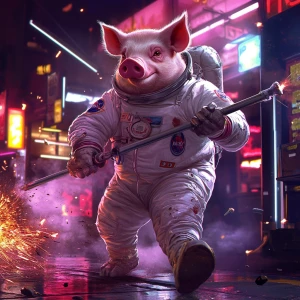 Cartoonish realistic pig in vintage white NASA style closed spac...