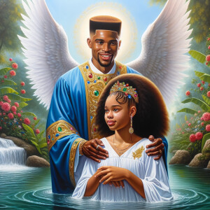 An oil painting depicting a light-skinned African-American pasto...