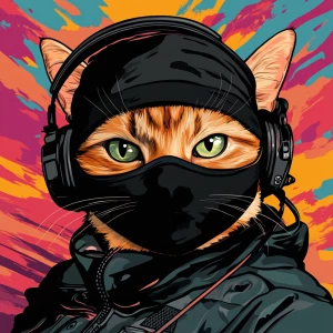A wide-eyed ginger cat wearing a black tactical balaclava (or ma...