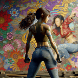 Athletic Thin skinny Attractive, Asian teenage girl, long brown hair and bangs, wearing tight skinny jeans and a halter top paint marks on her clothing, heroic pose Asian graffiti background, backside view