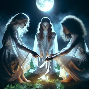 Three witches, clad in light attire, perform a ritual beneath th...