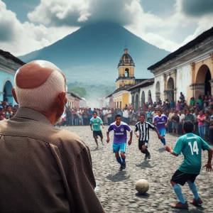 antigua, guatamala have people playing a soccer game on the cobb...