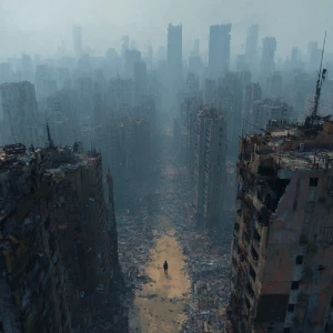 A vast, abandoned cityscape. Crumbling buildings fill the enviro...