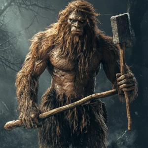 A humanoid looking hair covered sasquatch using primative tools