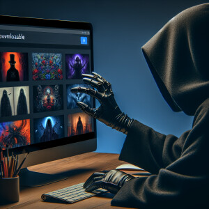 a mysterious  cloaked  wearing gloves female using the computer...