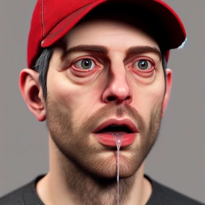 Generate a hyper-realistic portrait of a man waring a red baseba...