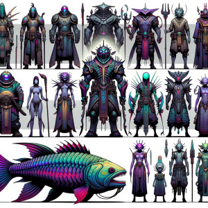 Giant purple and neon green piranhas