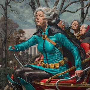 A woman with shoulder length brown with grey streaks that is of...