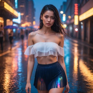 woman with wet hair glowing in city lights, white off-shoulder t...