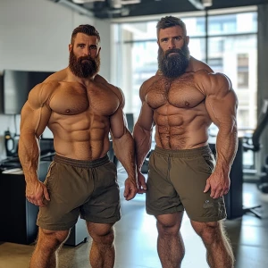 Two muscular bodybuilders with thick, full beards standing side...