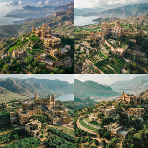 Luxurious Yemeni architecture, aerial view, coffee farms around,...