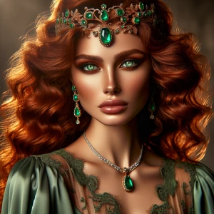 An Extremely Beautiful Woman with cascading, fiery auburn red, w...