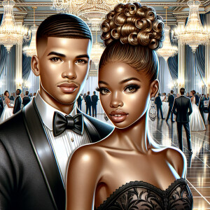 A light skin African American couple at a fancy ballroom event....