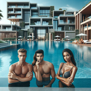 rich people vacation in an expensive complex. men and women of m...