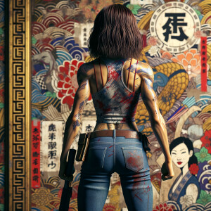 Athletic Thin skinny Attractive, Asian teenage girl, long brown hair and bangs, wearing tight skinny jeans and a halter top paint marks on her clothing, heroic pose Asian graffiti background, backside view