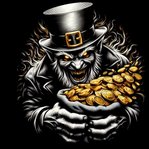 Create an image of a sinister-looking leprechaun with an extreme...