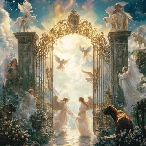 Create a tranquil heavenly scene depicting ethereal angels and d...