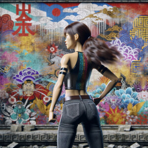 Athletic Thin skinny Attractive, Asian teenage girl, long brown hair and bangs, wearing tight skinny jeans and a halter top paint marks on her clothing, heroic pose Asian graffiti background, backside view