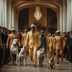 A high-end fashion runway show unfolds, featuring male models an...