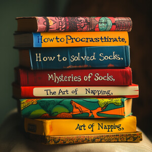 A close-up photo of a colorful stack of books with humorous titl...