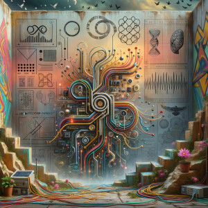 The golden ratio, Minimalist art Circuit, boards, circuitry, diagrams Cellular structures, DNA, circuit boards, colorful wires,  asian and Egyptian  graffiti, lie detector graphs, cardio, printout , branches infinity sign, cave, Art, handprints, distant birds flying, flowering vines, abstract gestural painting, dna