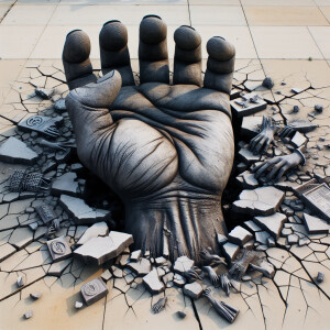 A colossal, weathered hand with dark skin tone, bursting through...