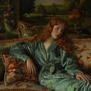 A girl with a Pre-Raphaelite aesthetic, dressed in pajamas, sits...