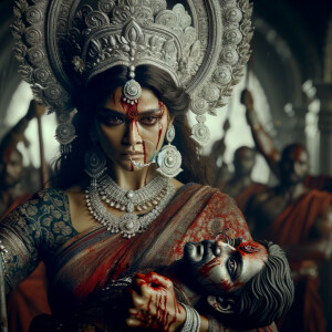 photograph of angry looking, gorgeous goddess durga cosplayer carrying a weak mahishasur in her two arms. She is wearing a huge silver crown, red saree, abundant silver jewelry, covered in blood. The scene is set in ancient India. The image is 8K resolution, cinematic, ultra detailed face and epic.