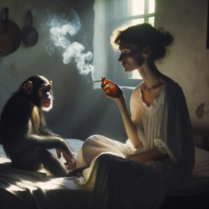 Woman in nightgown sitting on her bed smoking, with a chimp