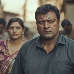 A muscular Indian man with a hardened, criminal appearance is st...