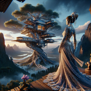 Design an image of a slender ancient princess sculpture adorned...