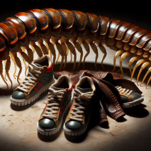 Whimsical centipede with 1000 legs tennis shoes on each foot and...