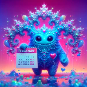 A large Stitch from Lilo and Stitch holding a glossy calendar with the month "February" written across it but without numbers on the days. The background is a colorful gradient with balloons and small hearts. The ground is covered with glossy confetti. Stitch is standing on a heart-shaped platform. The overall image has a celebratory atmosphere.Generate an image of the Mandelbrot set with vibrant color gradients highlighting the intricate patterns of the fractal.