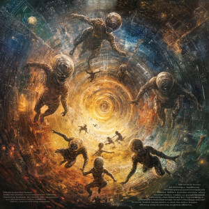 "Extraterrestrial beings tumbling through a swirling vortex repr...