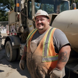 Michael Angelucci a Caucasian Latino concrete mixer operator pou...