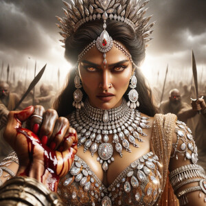 portrait of angry looking, muscular beautiful goddess durga carrying a short weak evil man and stabbing him with her red fingernails. She is wearing diamond saree, diamond armor, a huge diamond crown, abundant diamond jewelry. The scene is set in a dry landscape.  blood everywhere. The image is 8K resolution, cinematic, ultra detailed face and epic.