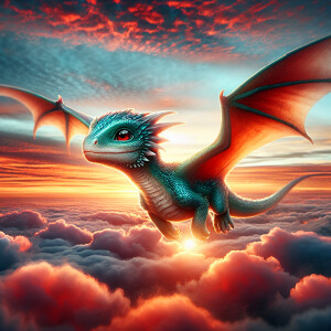 A baby dragon soaring through the sky, searching for its mother