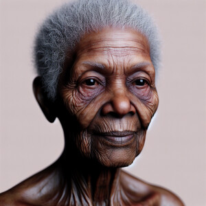 Create an image of an elderly African woman with weathered skin...