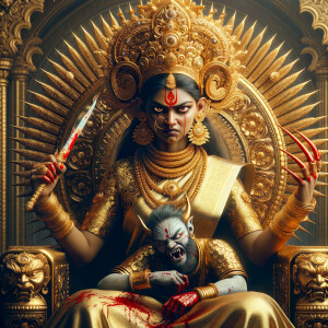 portrait of angry looking goddess durga sitting on a gold crown...