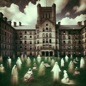 Photorealistic image . Funny, ghosts of asylum lunatics on the f...