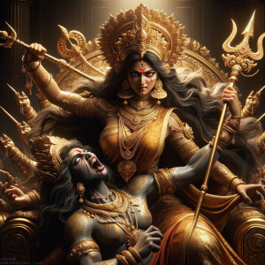 portrait of angry looking, gorgeous goddess durga sitting on a gold crown and carrying a weak mahishasur on her lap and stabbing him with her amazingly designed trident. She is wearing gold armor, a huge gold crown, gold saree, abundant  gold jewelry, covered in blood. The scene is set in ancient India. The image is 8K resolution, cinematic, ultra detailed face and epic.