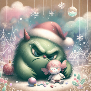 a whimsical chalk art image of the Grinch hugging Little Susie W...