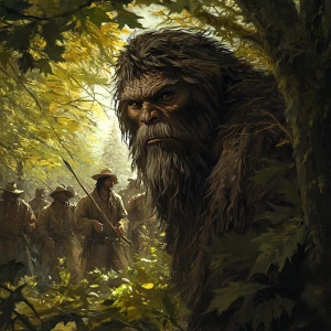 A humanoid Sasquatch covered in thick hair, peering from behind...