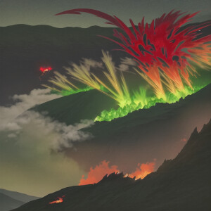 A red wyvern creating the ridge of a volcano. The volcano is spewing green lava and the wyvern is spitting green flames. The sky is brown and gray with smoke and ash, though green light is shining through.