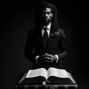 Generate an image of an elegantly dressed African American male with dreadlocks, standing atop an open Holy Bible against a solid black background.