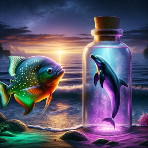 Realistic
Ocean
Purple neon green piranha looking at a dolphin...