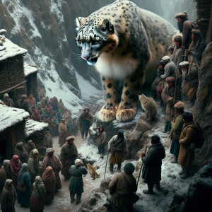 Generate the image of showing the snow leopard in human-wildlife...