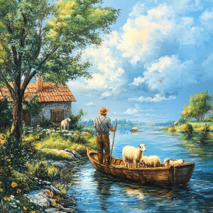 A farmer with a sheep and a goat is standing on the left bank of...