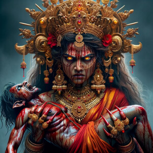 portrait of angry looking goddess durga  carrying an unfit mahishasur in her arms and poking him with her amazingly long red fingernails. She is wearing a huge gold crown, red saree, abundant  gold jewelry, covered in blood. The scene is set in ancient India. The image is 8K resolution, cinematic, ultra detailed face and epic.